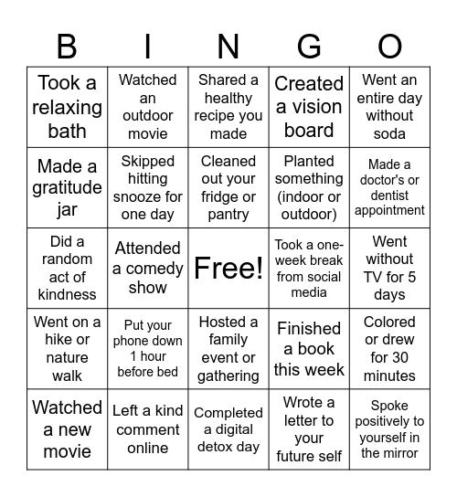 SCAI Staff Wellness BINGO Card