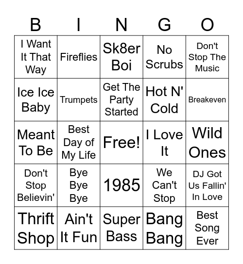 Sing Along Songs Bingo Card