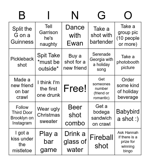 2nd Annual Holiday Bar Crawl Bingo Card