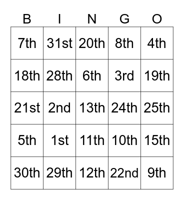Ordinal Numbers Bingo Card