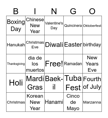 Holiday Traditions Bingo Card