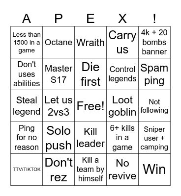 Apex Legends Random Teammates Bingo Card