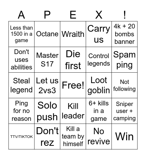 Apex Legends Random Teammates Bingo Card