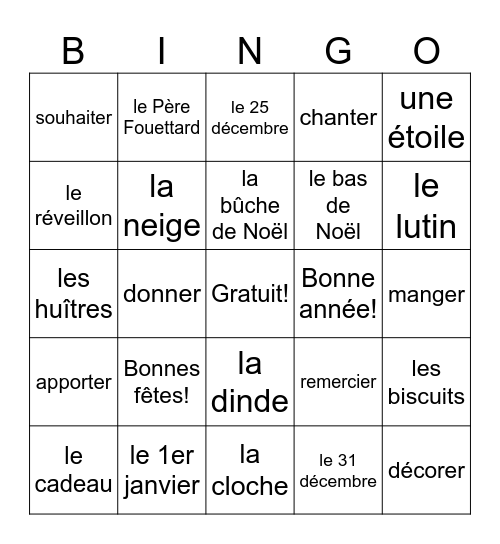 Vocabulaire de Noël Bingo Card