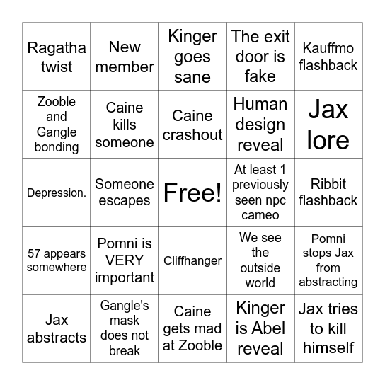 TADC ep7 Bingo Card