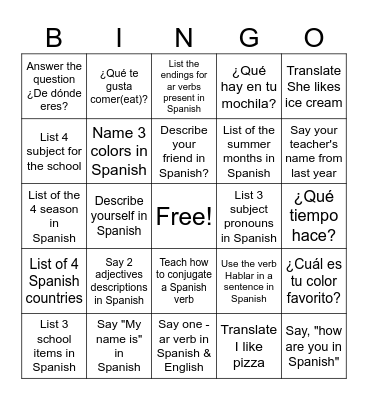 Descubre 1- Lesson 2 Bingo Card