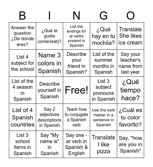 Descubre 1- Lesson 2 Bingo Card
