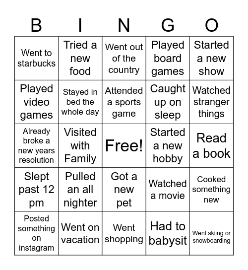 Winter Break Bingo Card