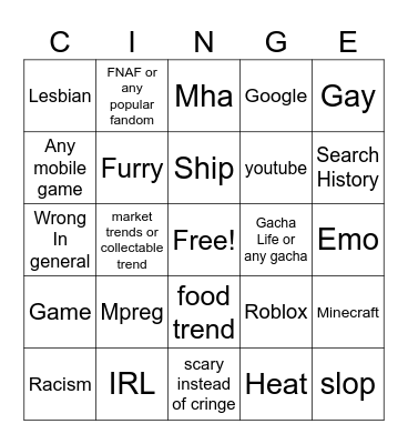 Cringe Bingo Card