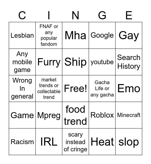 Cringe Bingo Card