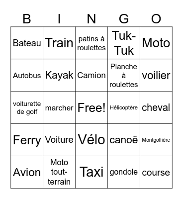 Ryan's French transport Bingo Card