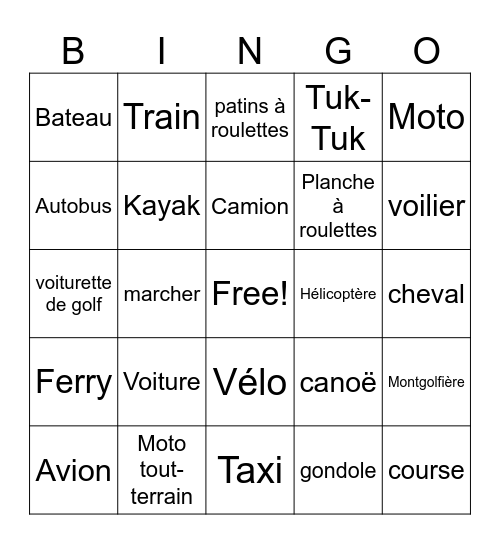 Ryan's French transport Bingo Card