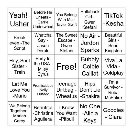 00’s Hits Bingo Card