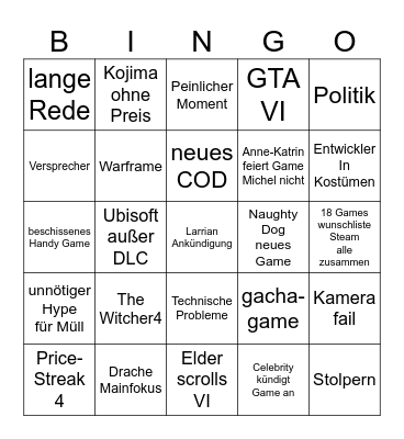 GameAwards Bingo Card