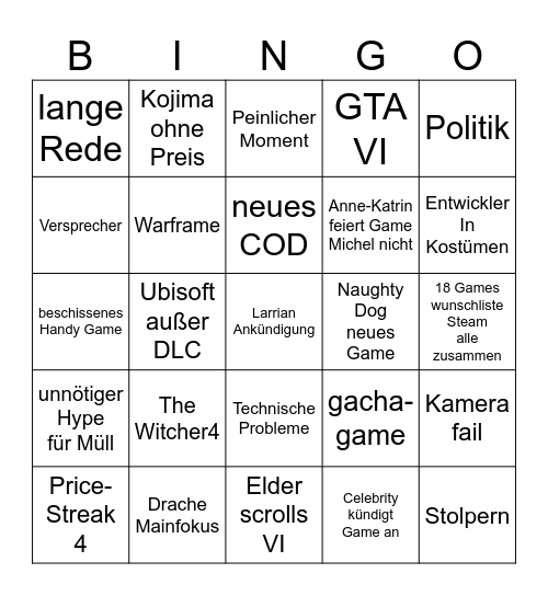 GameAwards Bingo Card