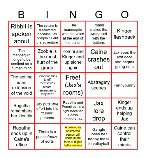 Digital Circus ep 7 predictions Bingo Card