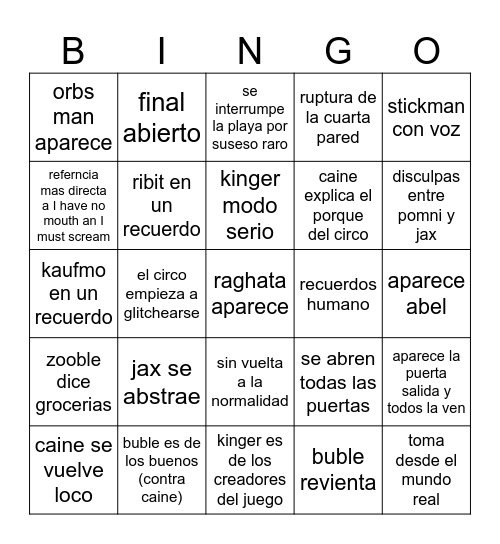 episodio 7 de digital circus Bingo Card