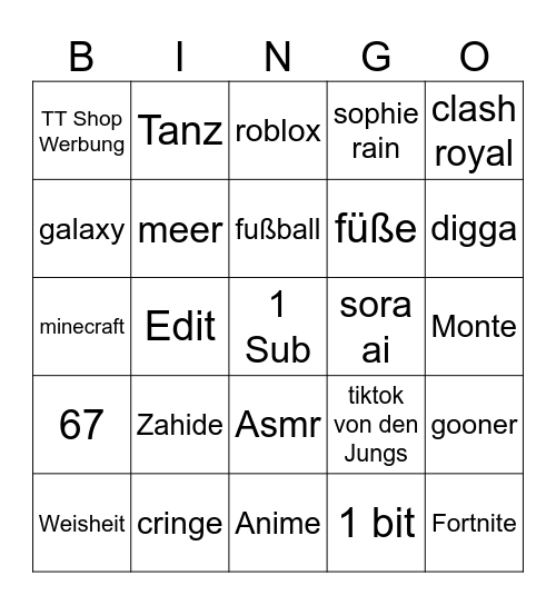Tiktok Bingo Card