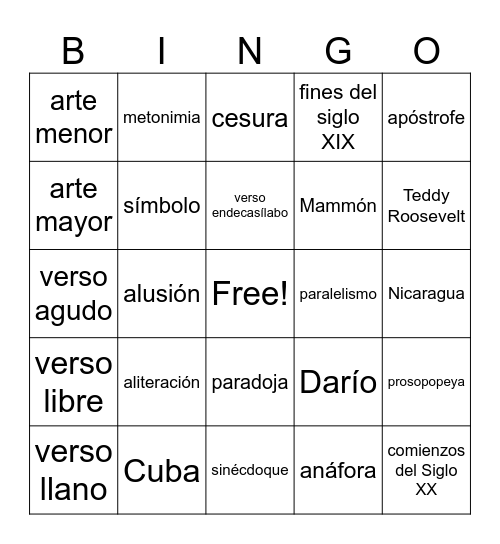 A Roosevelt, Nuestra América y Modernismo Bingo Card