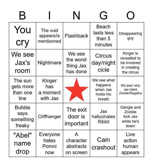 The Amazing Digital circus Episode 7 Bingo Card