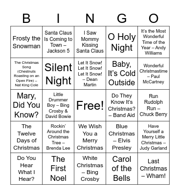 Christmas Songs Bingo Card