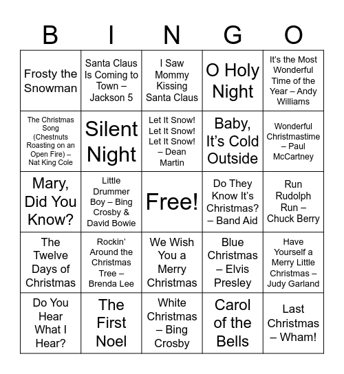 Christmas Songs Bingo Card