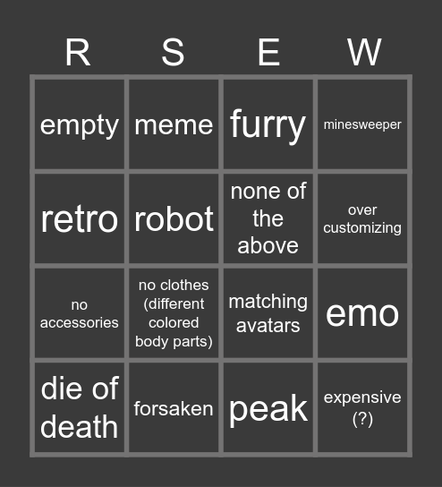 SEWH avatar bingo board Bingo Card