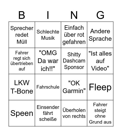 Dashcam Bing Bingo Card