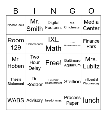 Sligo Middle School Bingo Card