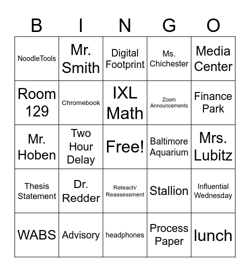 Sligo Middle School Bingo Card