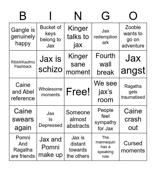 The Amazing Digital Circus episode 7 Bingo Card