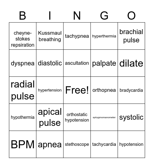 Vital Signs Bingo Card