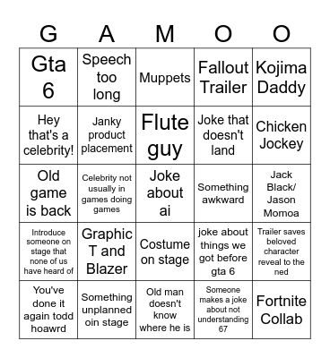 Game Awards 2025 Bingo Card