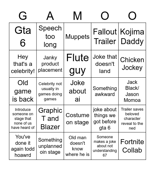 Game Awards 2025 Bingo Card