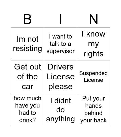 COPS Bingo Card