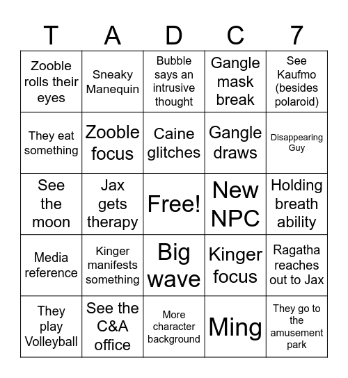 TADC EP 7 BINGO Card
