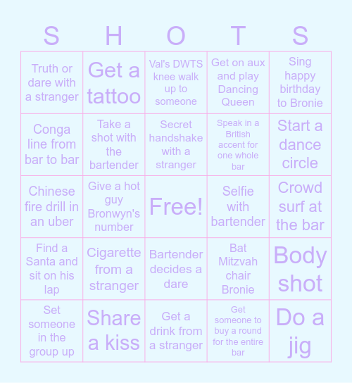 Bronwyn's Brooklyn Bar Birthday Bingo Bar Bounce Bingo Card