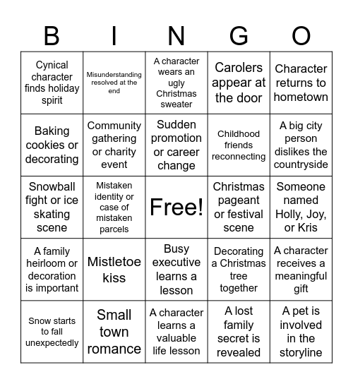Hallmark Xmas Movie Bingo Card