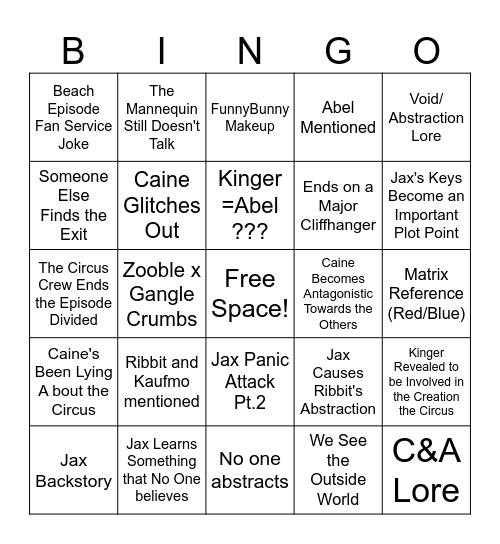 The Amazing Digital Circus Episode 7 Bingo Card