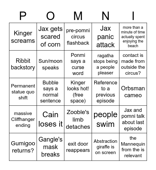 Amazing digital circus: Beach episode Bingo Card