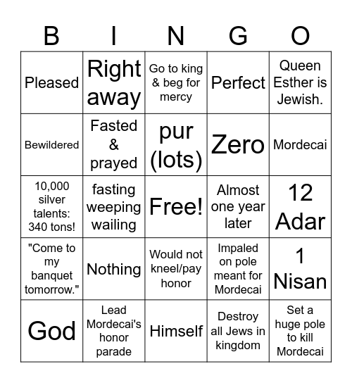 Esther Chapters 3 to 7 Bingo Card