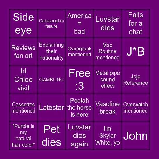 Luvstar Stream Bingo by Stinger Bingo Card