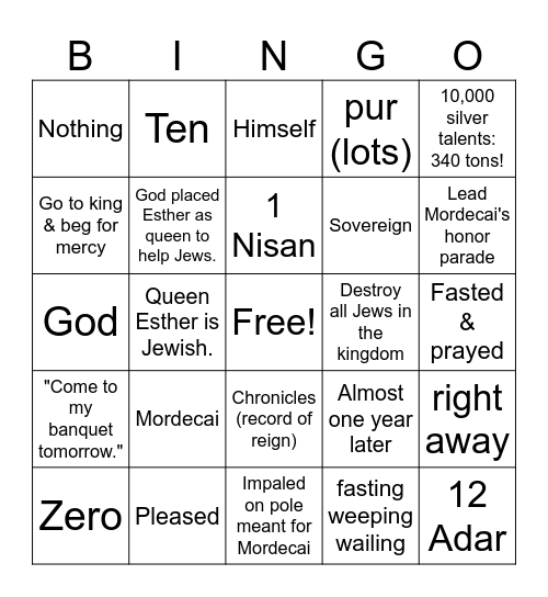 Esther 3-7 Bingo Card
