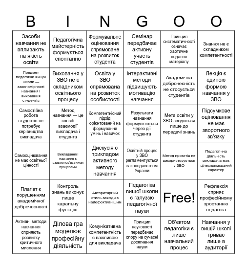 Педагогіка вищої школи (вірно / хибно) Bingo Card