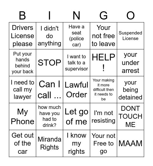 COPS Bingo Card