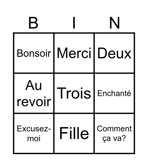 프랑스어 수업 — 빙고! Bingo Card