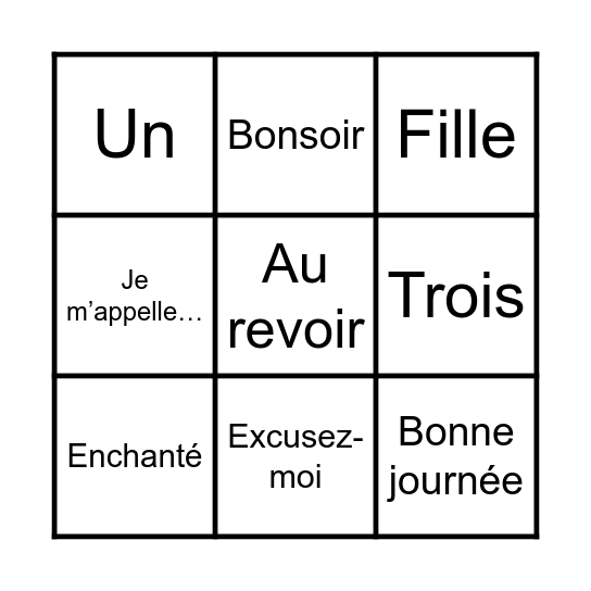 프랑스어 수업 — 빙고! Bingo Card