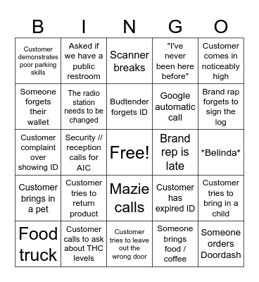 Reception Bingo Card