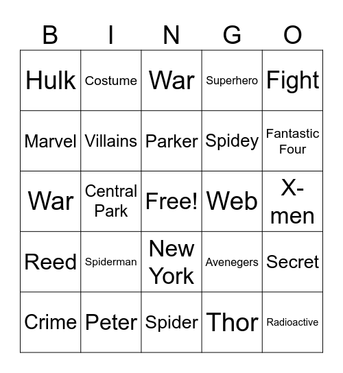 Spiderman - Spidey's New Costume Bingo Card