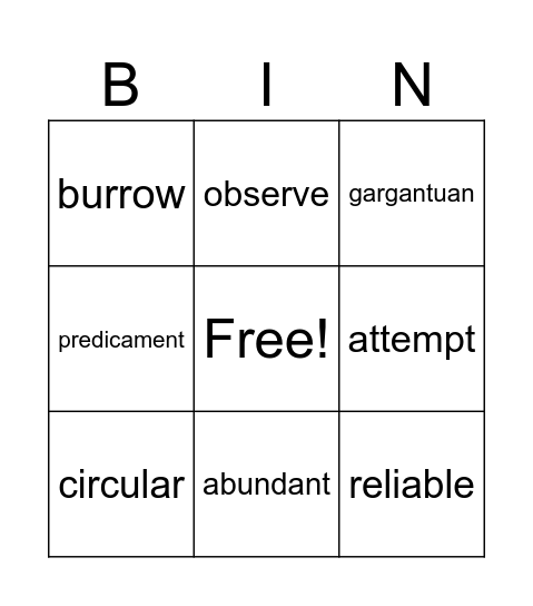 Vocabulary Dec. 15 - 21 Bingo Card